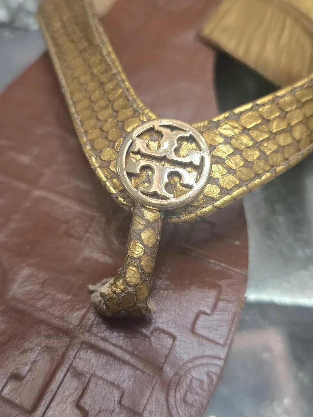 Tory Burch Gold Braided Flip Flop Sandals with Brown Footbed